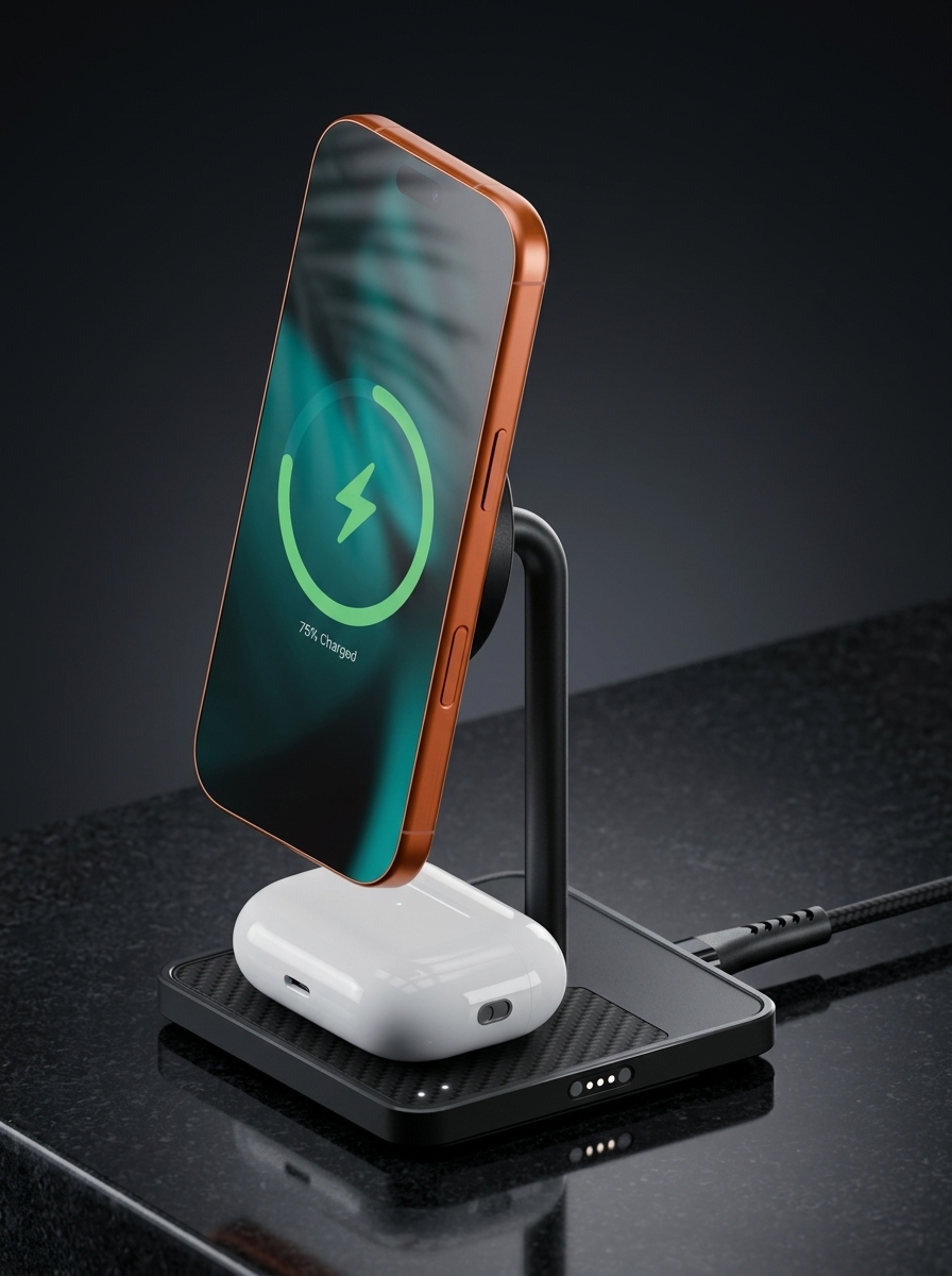 Contryvr Wireless Charging Stand — close-up detail of aramid fiber texture and Qi2 alignment ring